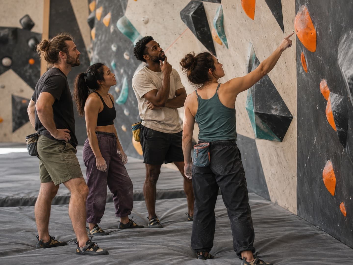 Four climbing friends studying an indoor bouldering problem together