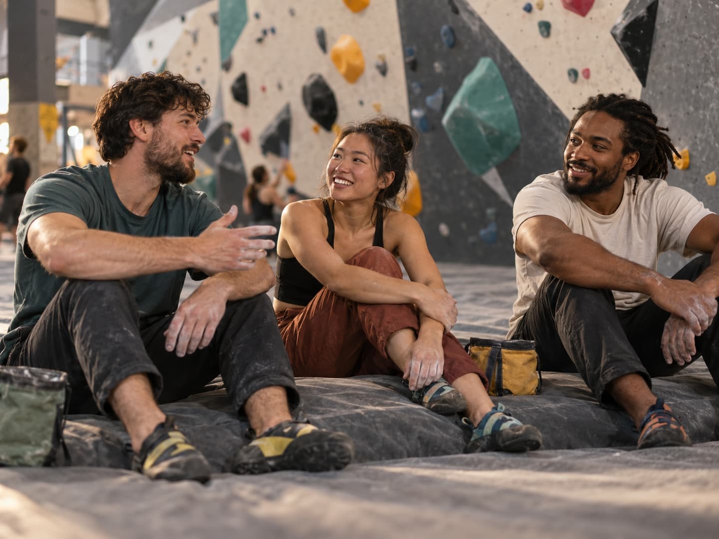 Three climbing friends talking beside the mats after their attempts