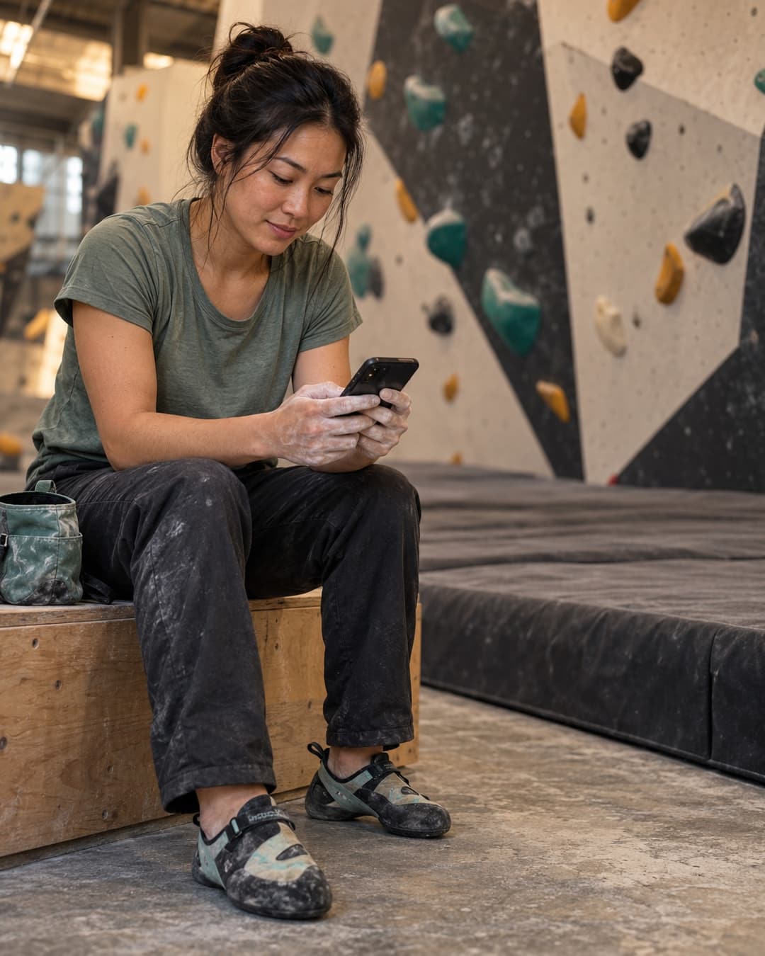 A climber resting beside the mats and checking a phone between attempts